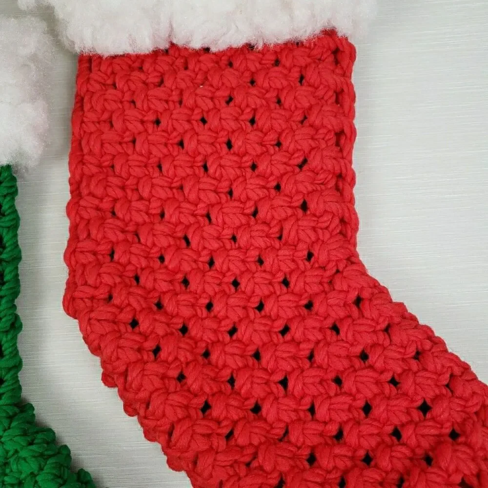 Macramé Christmas Stocking Red Green Handmade Holiday Plastic Pick MCM Vintage